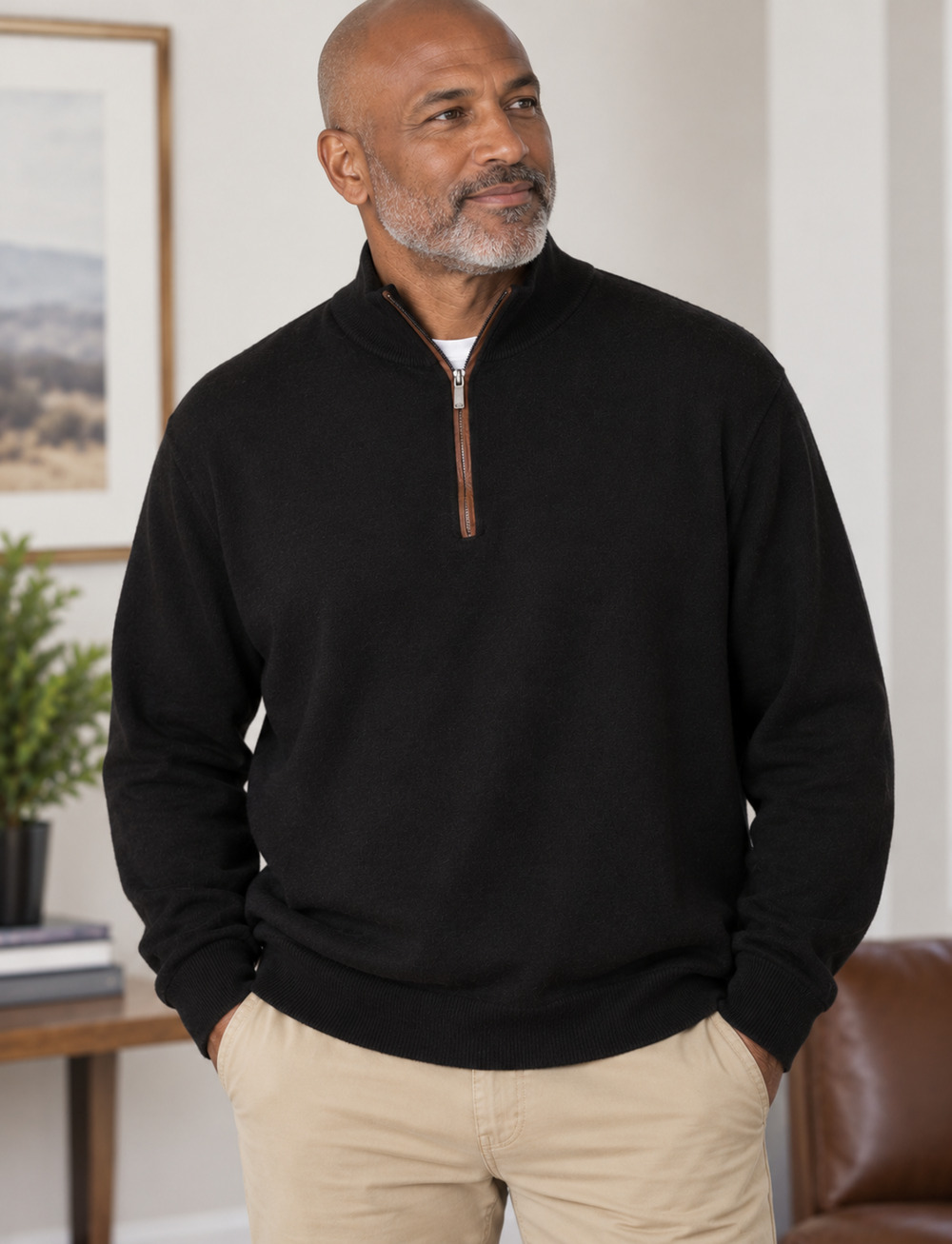 Peter Millar 2XL Black Wool Blend Quarter Zip Sweater Leather Trim Pullover